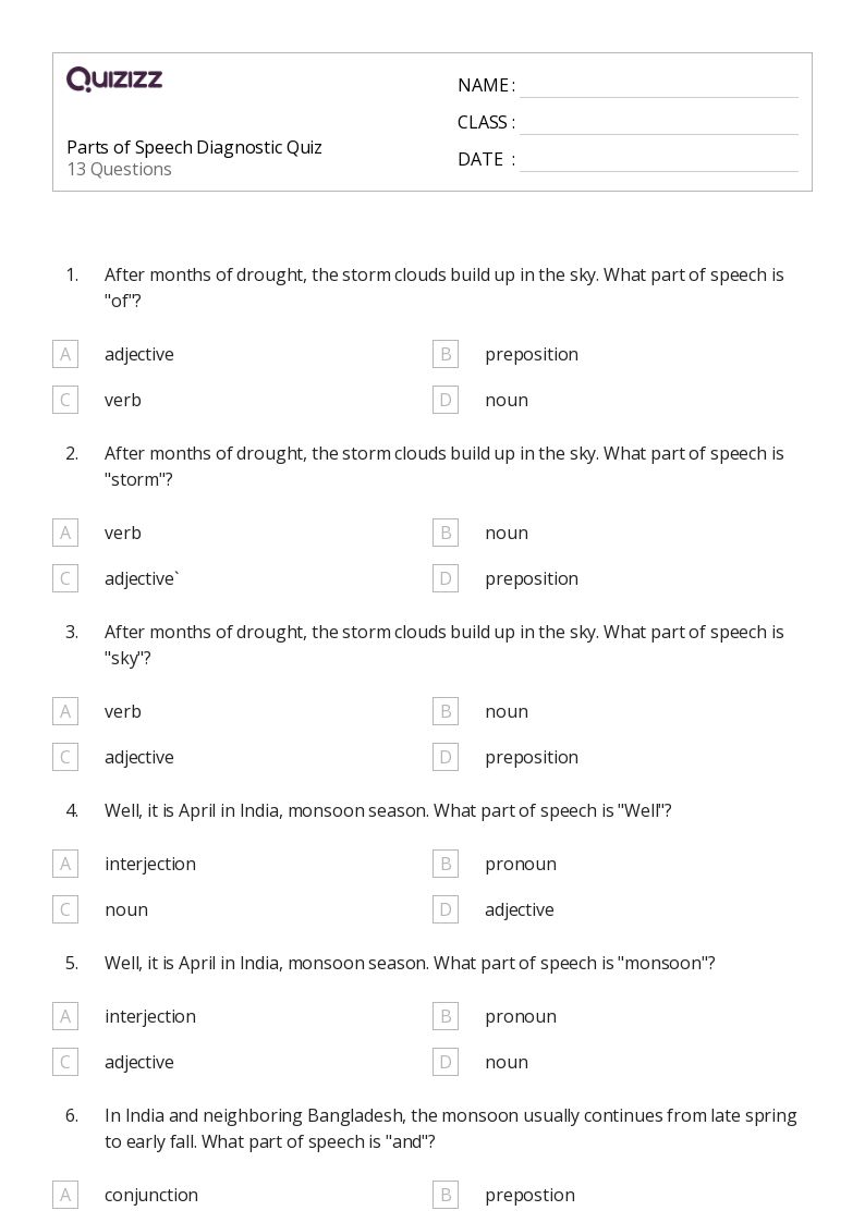 50+ Parts of Speech worksheets for 8th Grade on Quizizz Free & Printable