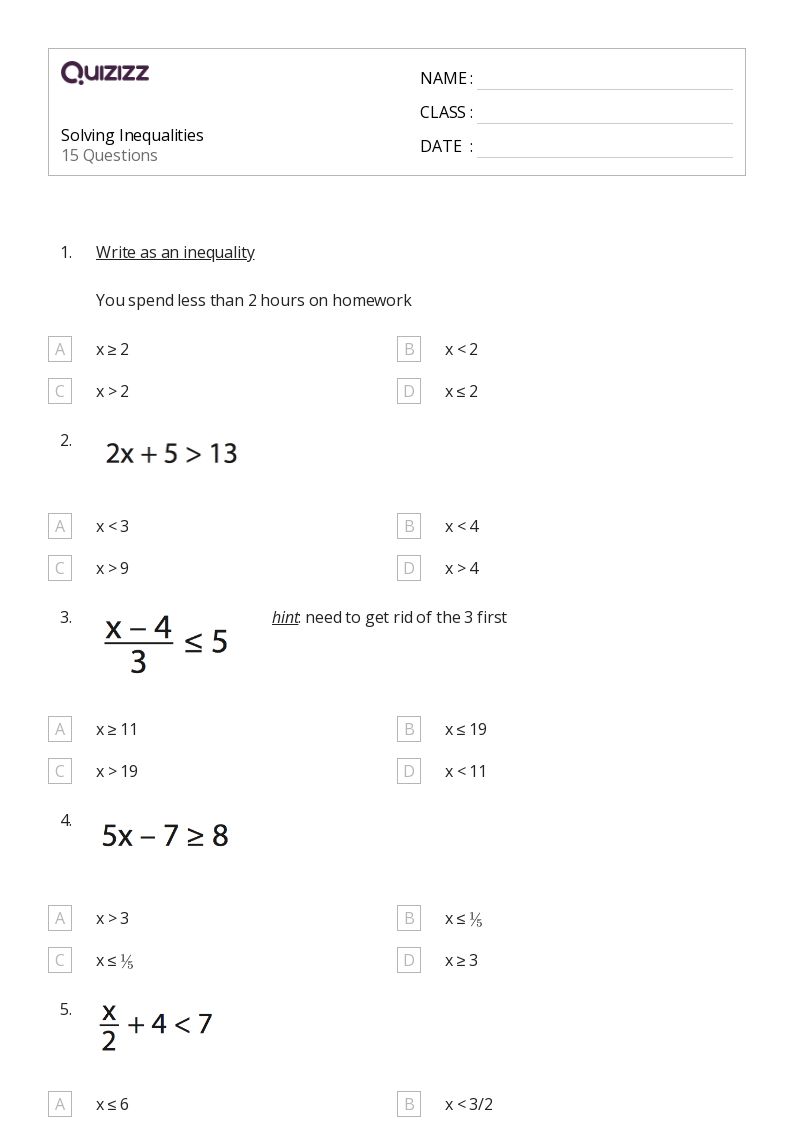 50+ Inequalities worksheets for 5th Grade on Quizizz Free & Printable
