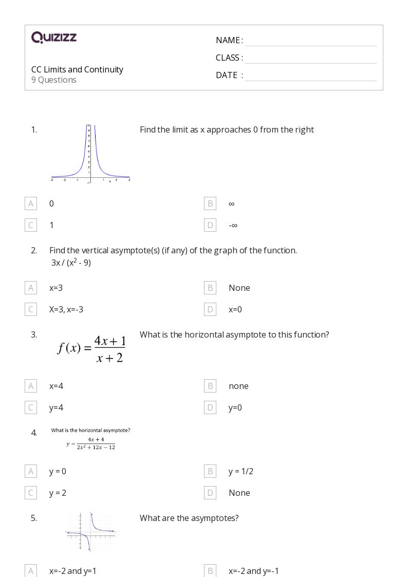 50+ limits and continuity worksheets for 11th Grade on Quizizz Free