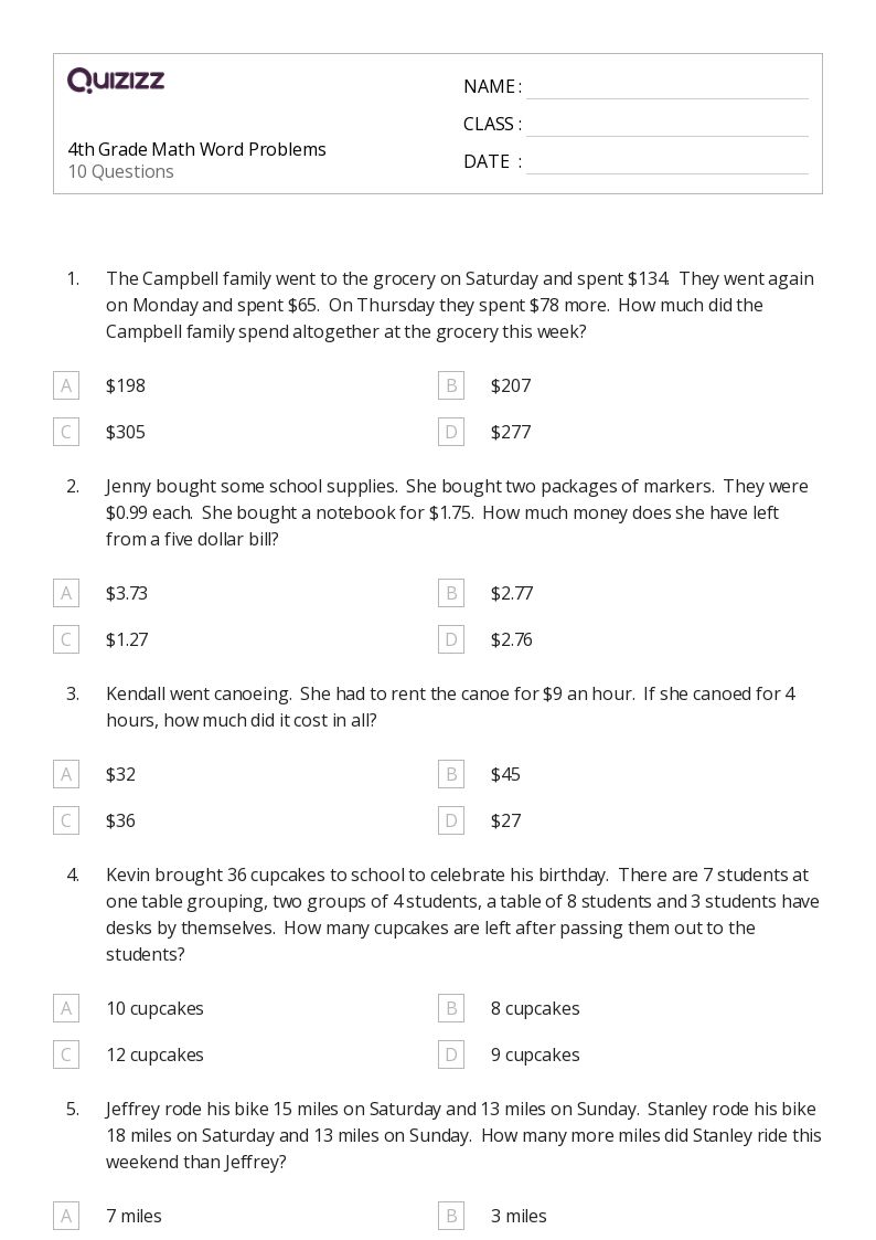 50+ Math Word Problems worksheets for 4th Grade on Quizizz Free