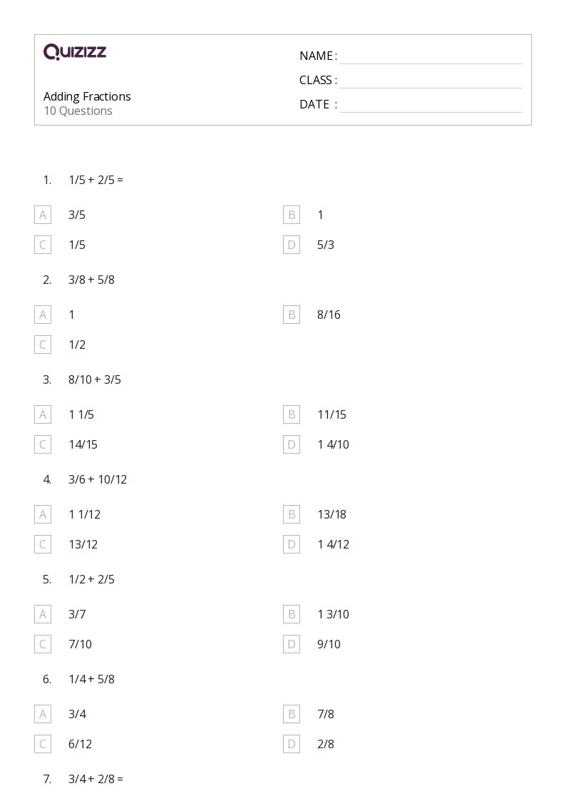 50+ Adding Fractions worksheets for 8th Grade on Quizizz Free & Printable