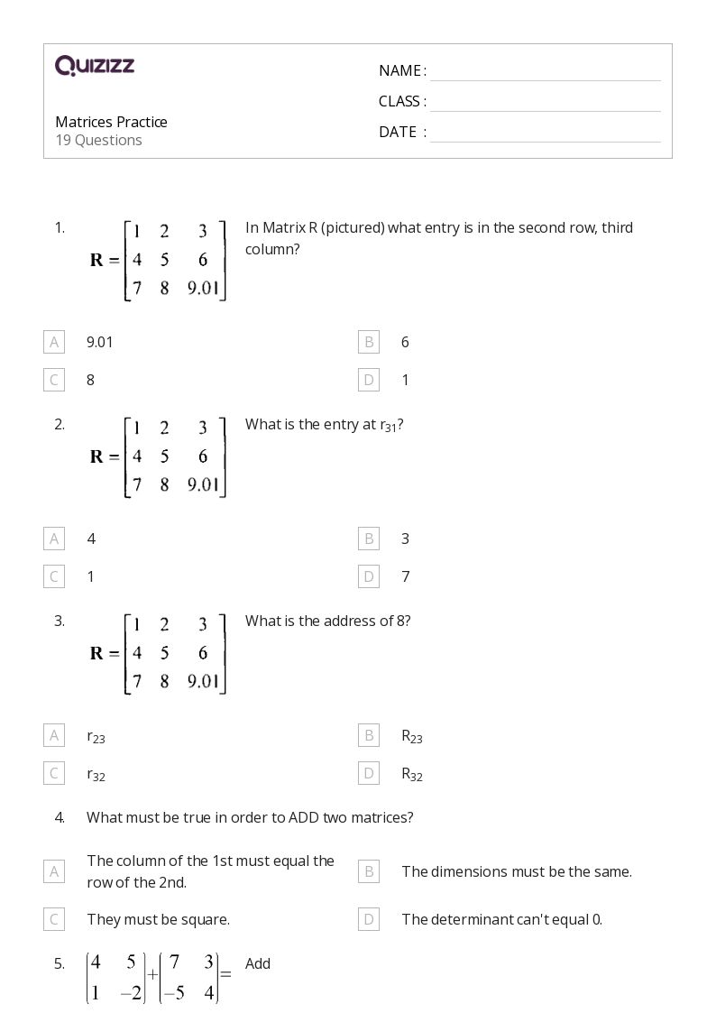 50+ matrices worksheets for 9th Grade on Quizizz Free & Printable