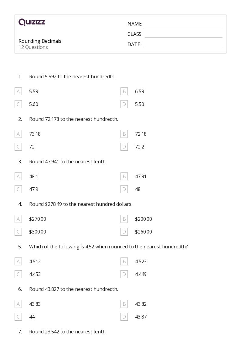 50+ Rounding Decimals worksheets for 1st Grade on Quizizz Free & Printable