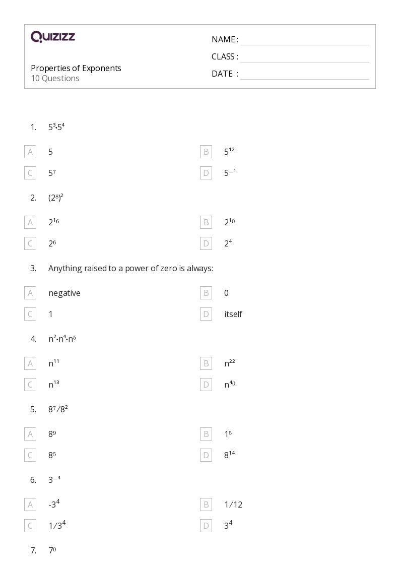 50+ Properties of Exponents worksheets for 7th Grade on Quizizz | Free
