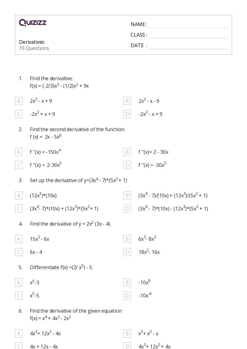 50+ derivatives worksheets on Quizizz | Free & Printable