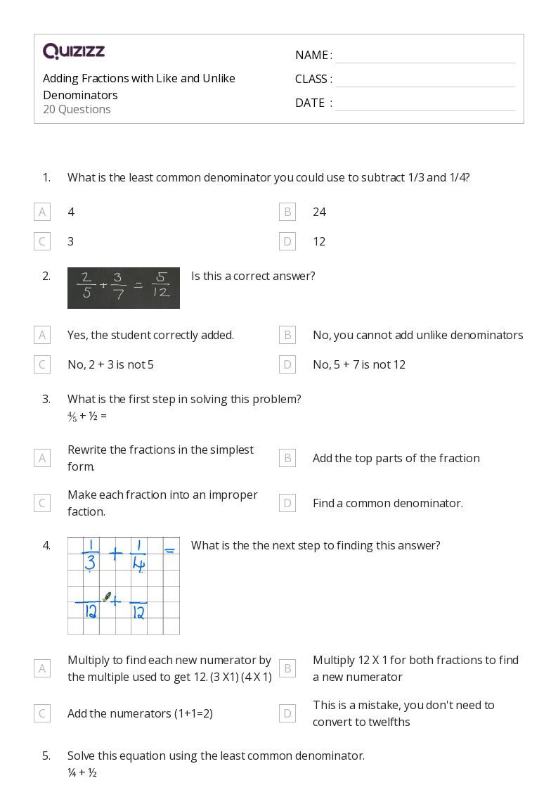 50+ Adding Fractions with Like Denominators worksheets on Quizizz Free & Printable