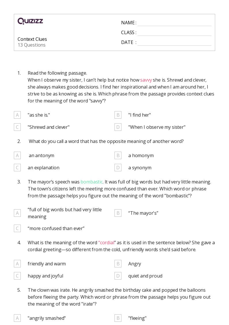 50+ Determining Meaning Using Context Clues worksheets for 4th Grade on Quizizz Free & Printable