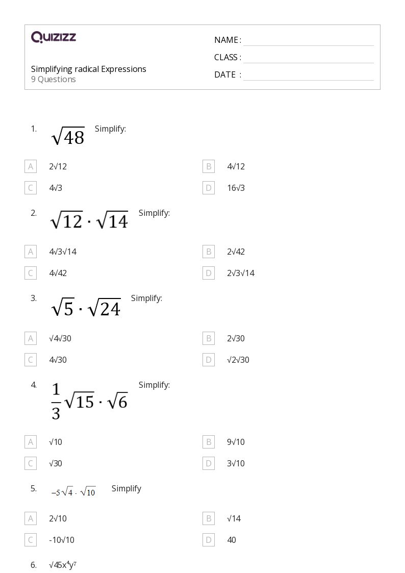 50+ Radical Expressions worksheets for Grade 9 on Quizizz Free