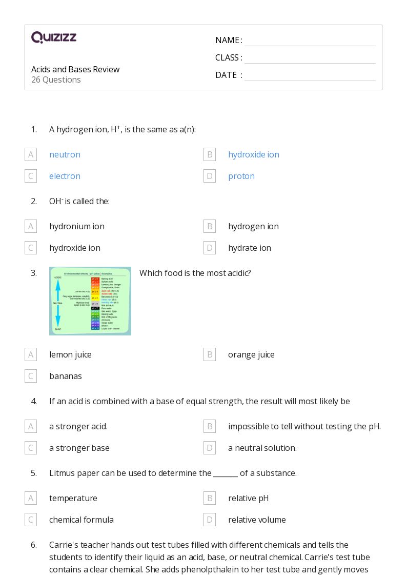 50+ acids and bases worksheets for 9th Grade on Quizizz Free & Printable