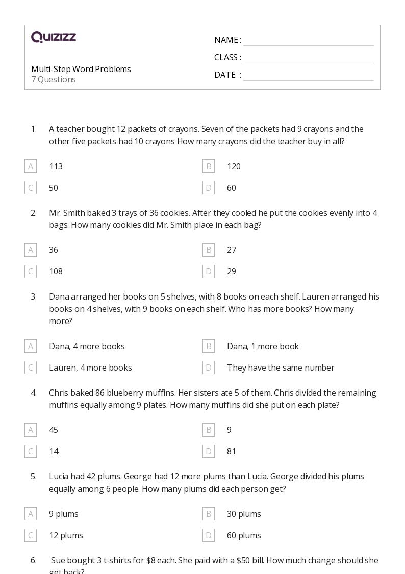 50+ MultiStep Word Problems worksheets for 7th Grade on Quizizz Free