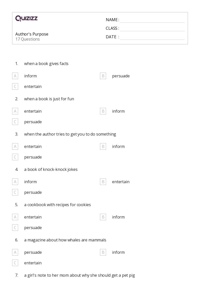 50+ Identifying the Author's Purpose worksheets for 4th Grade on Quizizz Free & Printable