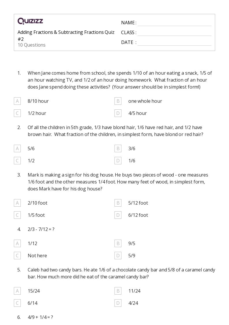 50+ Subtracting Fractions worksheets for 5th Grade on Quizizz Free & Printable