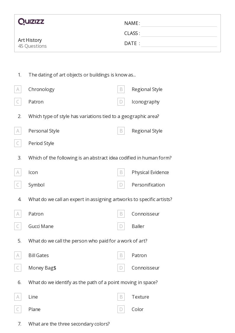 50+ Art History worksheets on Quizizz Free & Printable