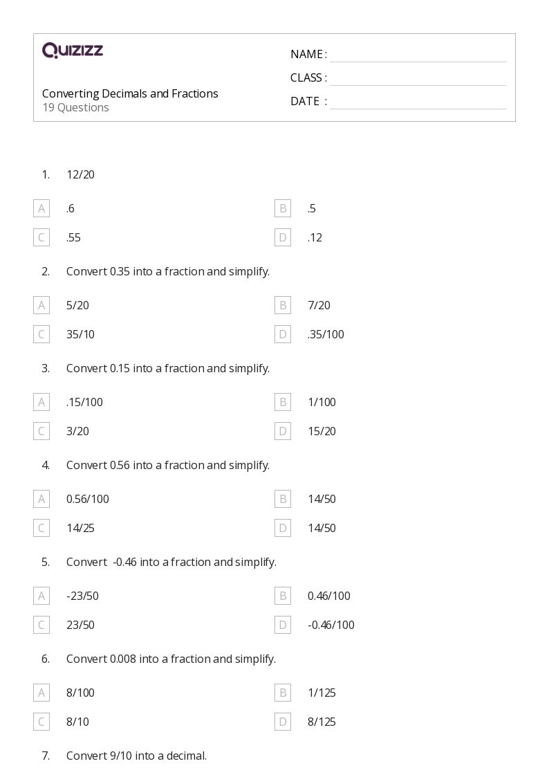 50+ Converting Decimals and Fractions worksheets for 7th Class on Quizizz Free & Printable
