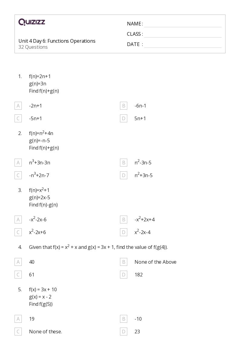 50+ Functions Operations worksheets for 10th Grade on Quizizz Free & Printable