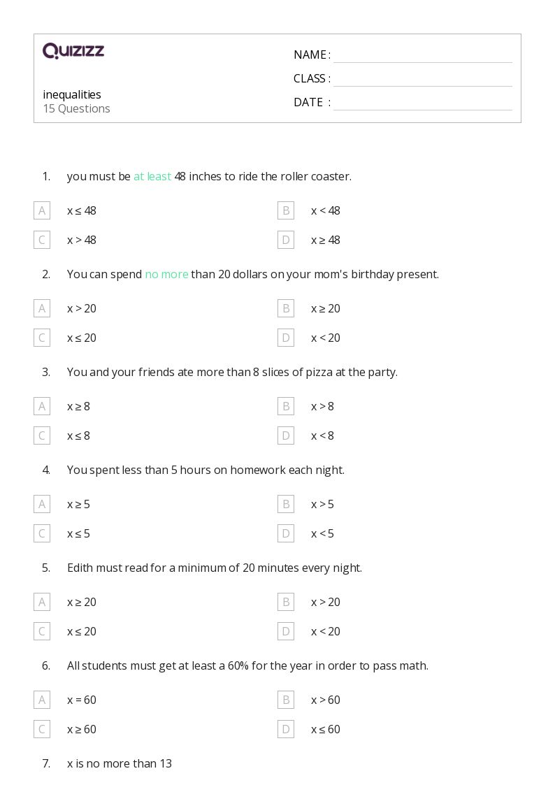 50+ Inequalities worksheets for 8th Year on Quizizz | Free & Printable