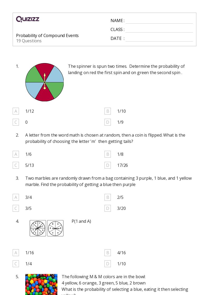 50+ Probability of Compound Events worksheets for 7th Class on Quizizz Free & Printable