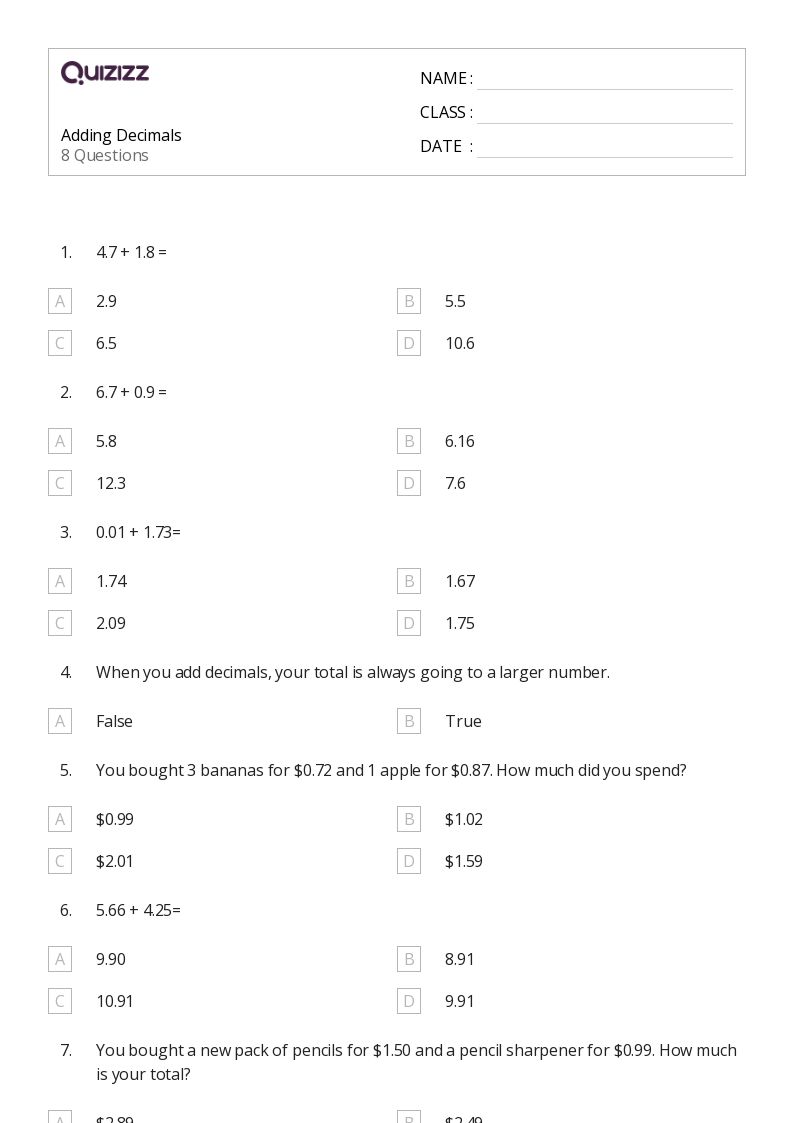 50+ Adding Decimals worksheets on Quizizz Free & Printable