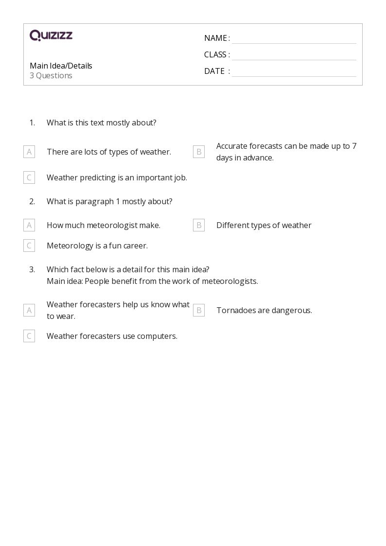 50+ Identifying the Main Idea worksheets for 1st Year on Quizizz Free & Printable