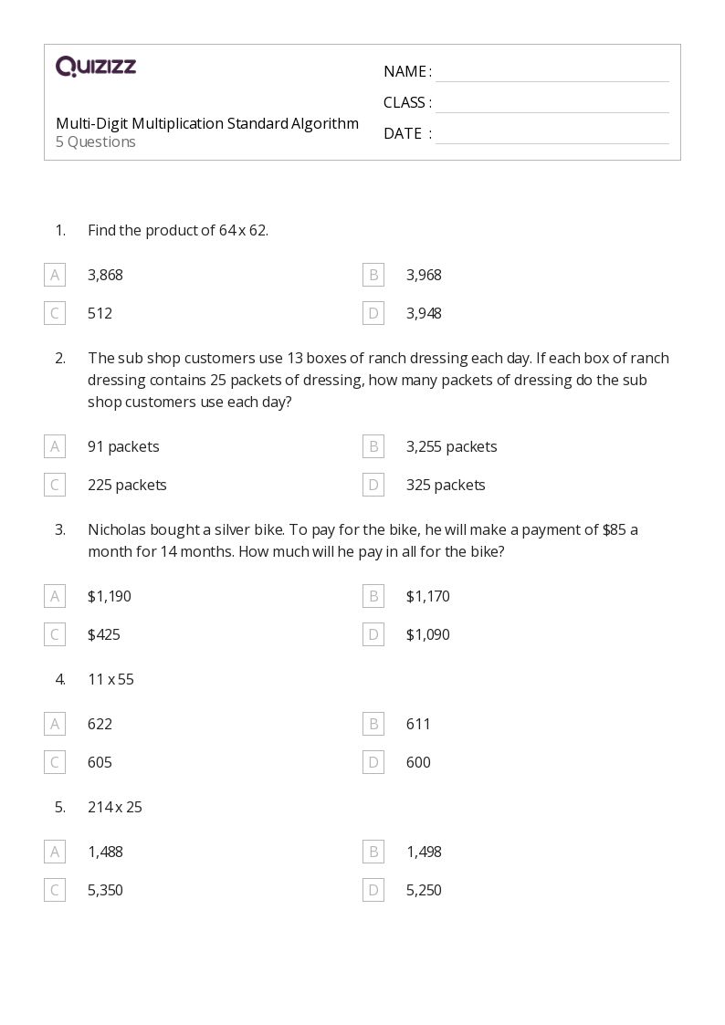 50+ MultiDigit Multiplication and the Standard Algorithm worksheets for 5th Year on Quizizz