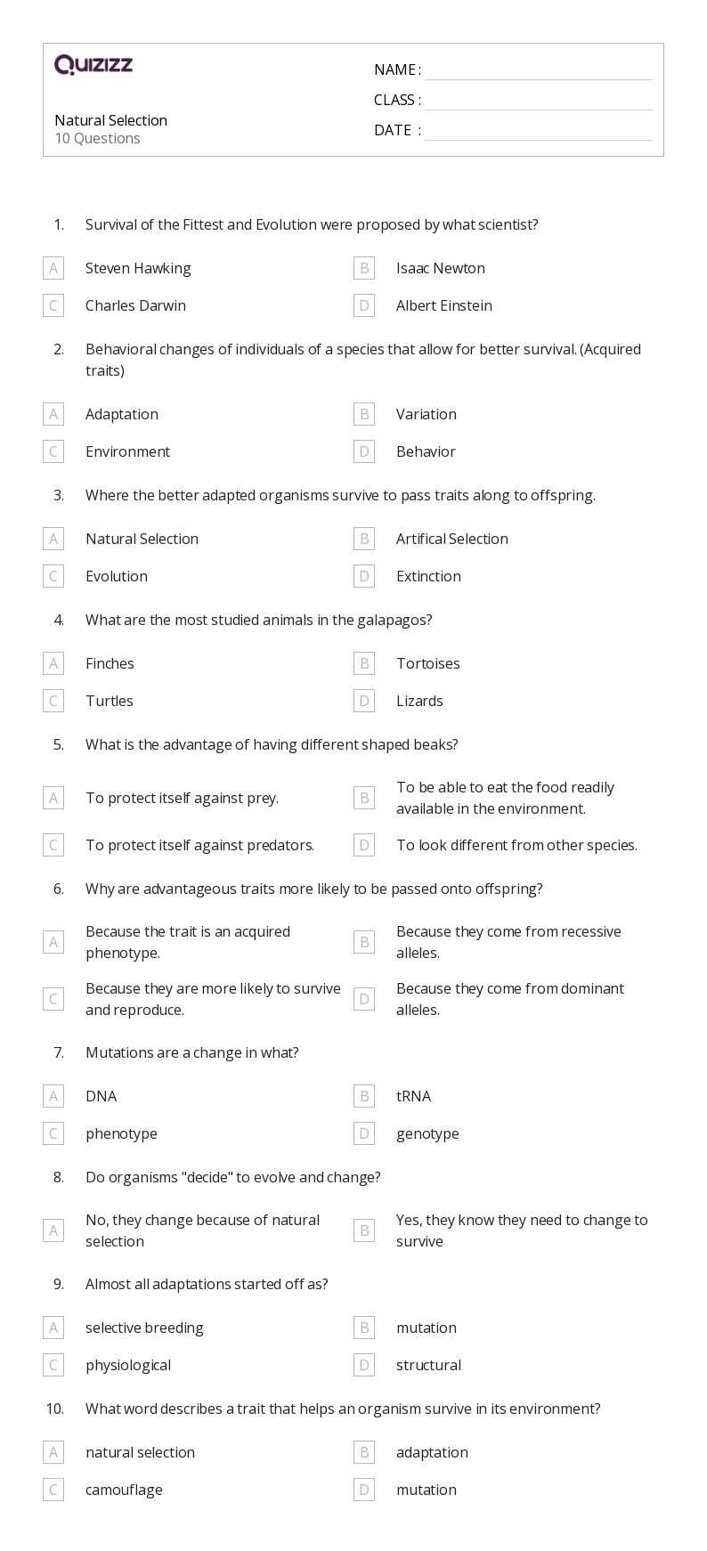 50+ Natural Selection and Adaptations worksheets for 7th Grade on