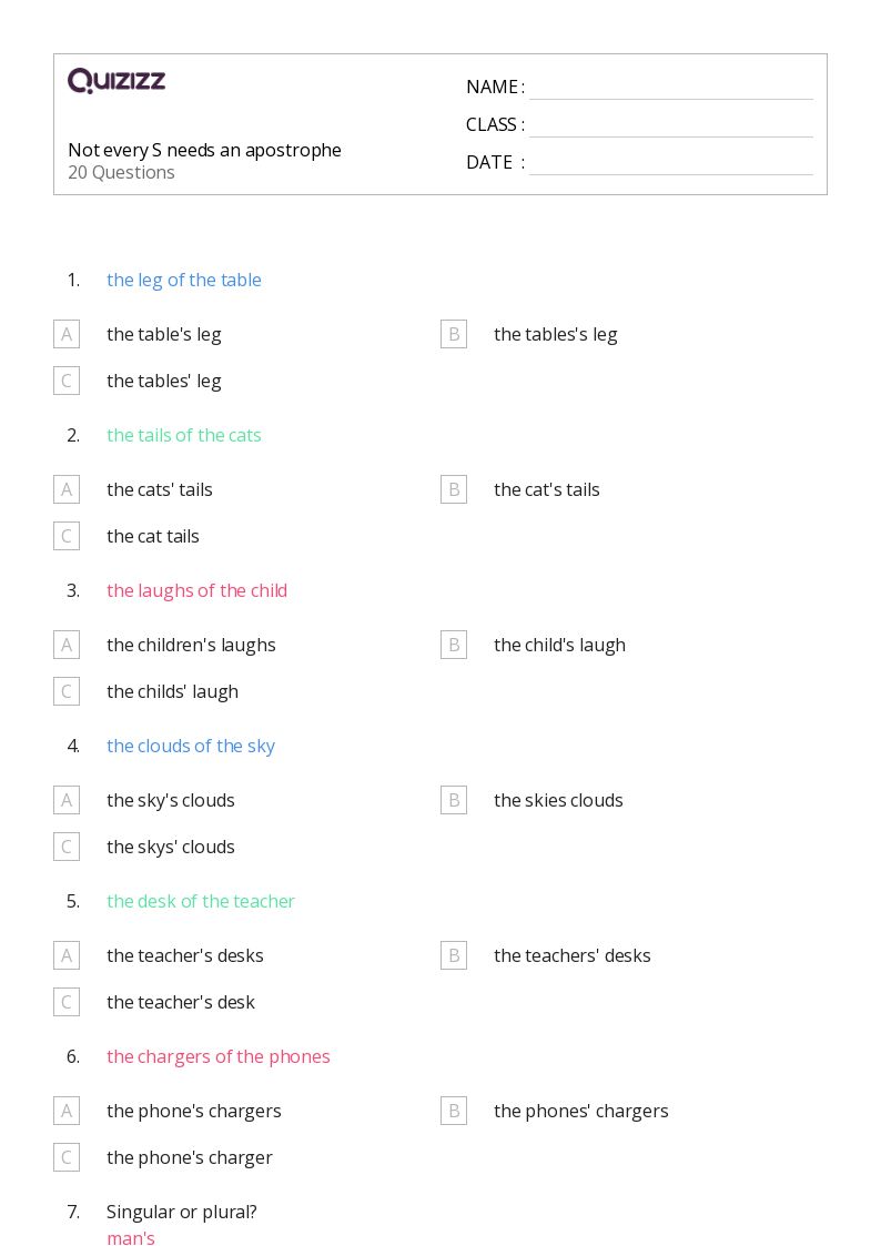 50+ Singular Possessives worksheets for 7th Grade on Quizizz Free & Printable