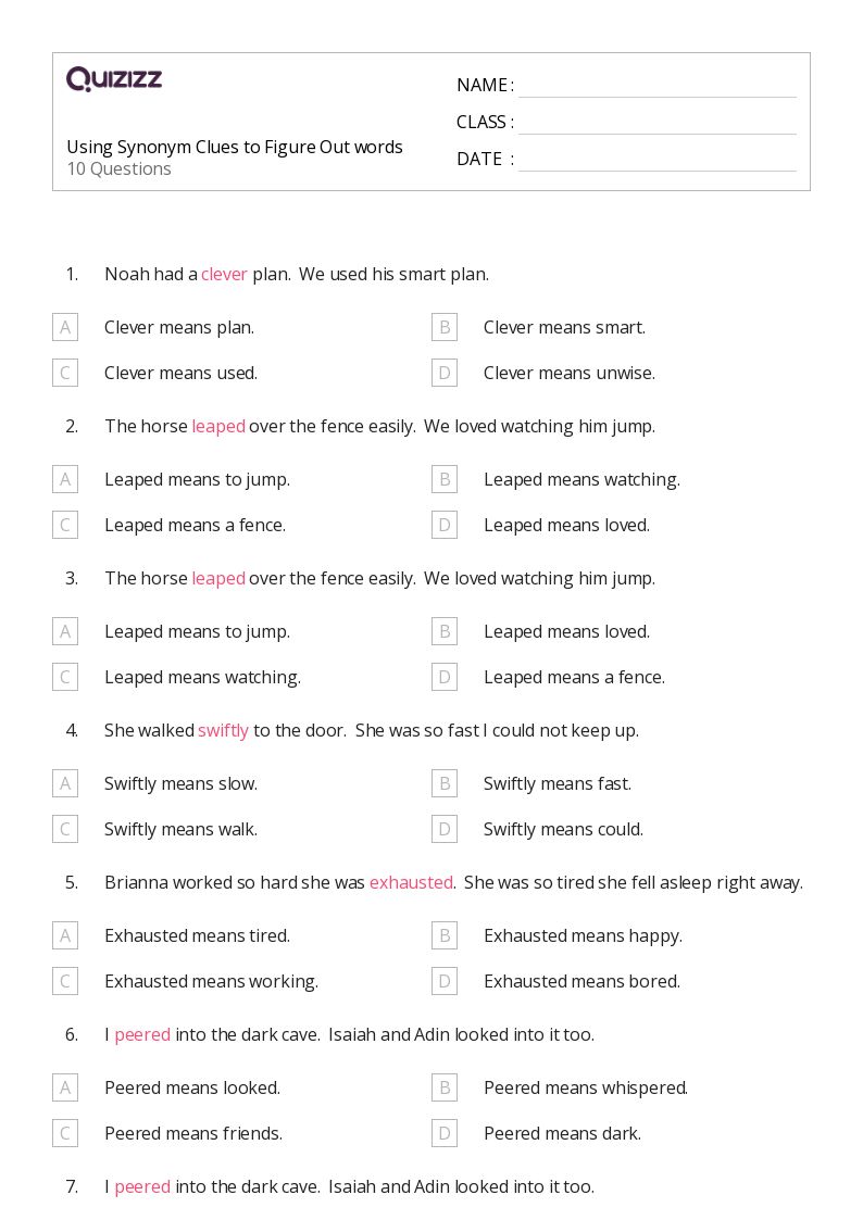 Printable Determining Meaning Using Context Clues Worksheets for Grade