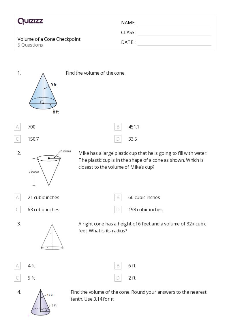 50+ Volume of a Cone worksheets for 8th Class on Quizizz | Free & Printable