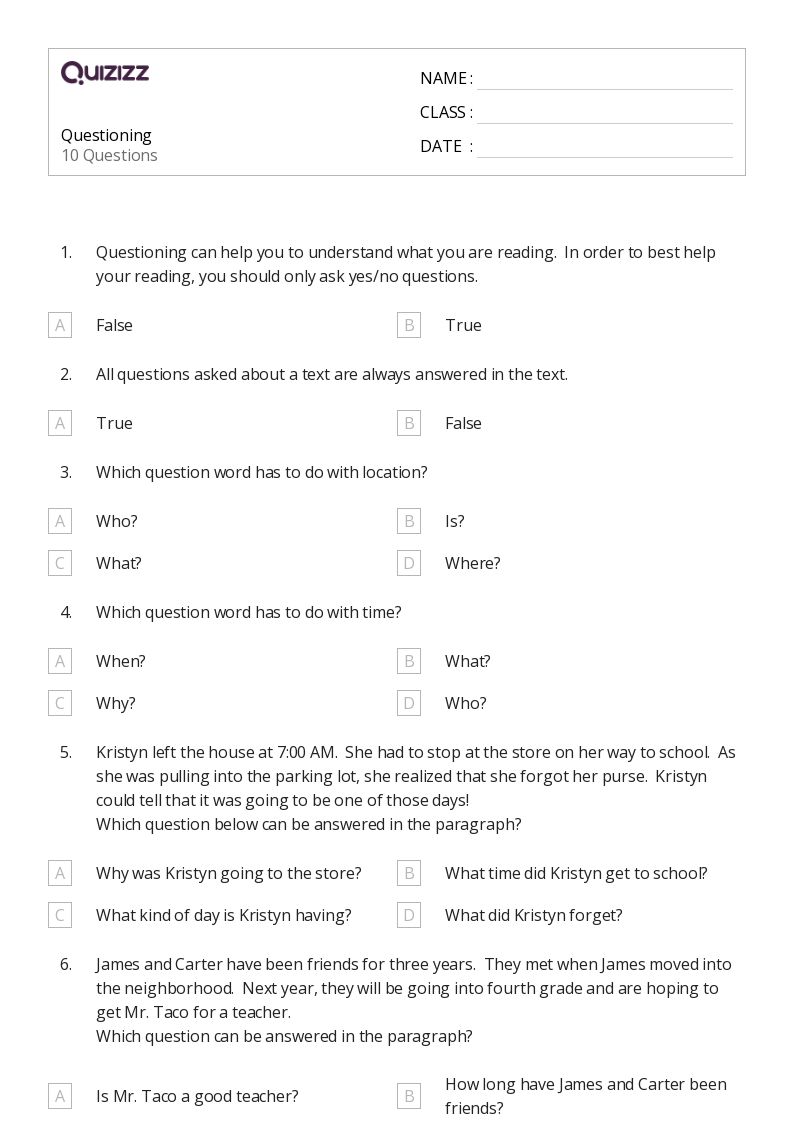 50+ Who What When Where Why Questions worksheets for 3rd Grade on