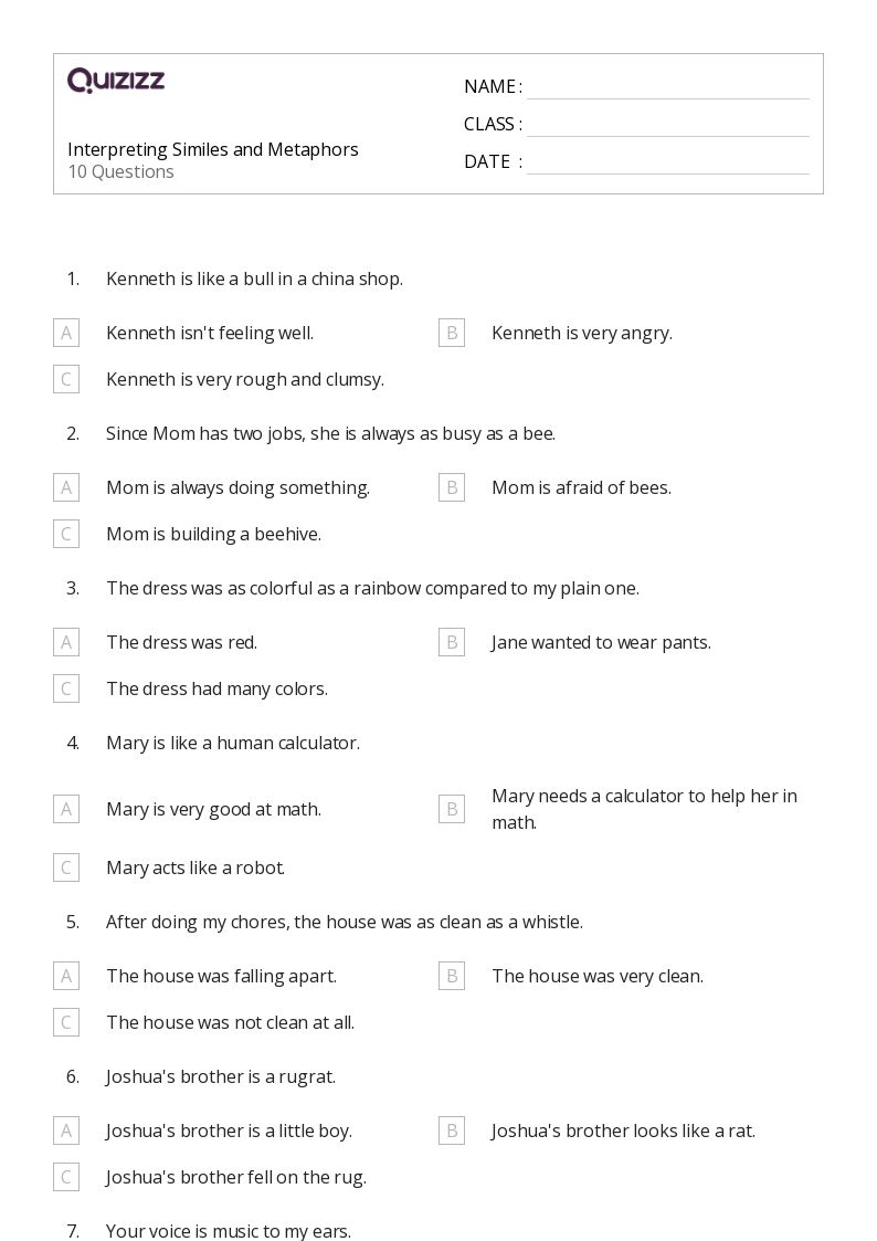 50+ Similes worksheets for 3rd Grade on Quizizz Free & Printable