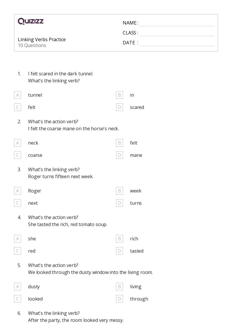 50+ Linking Verbs worksheets for 7th Year on Quizizz Free & Printable