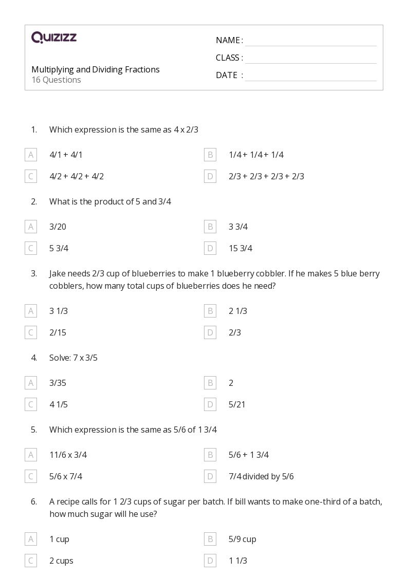 50+ Multiplying and Dividing Fractions worksheets for 7th Grade on Quizizz Free & Printable