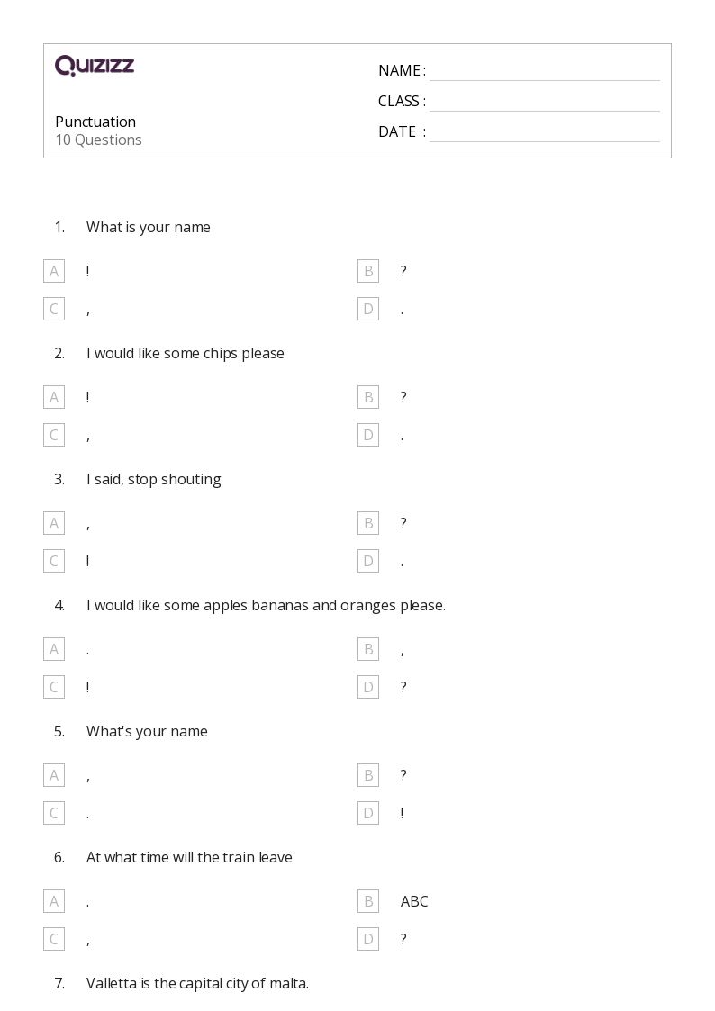 50+ Punctuation worksheets for 4th Grade on Quizizz Free & Printable