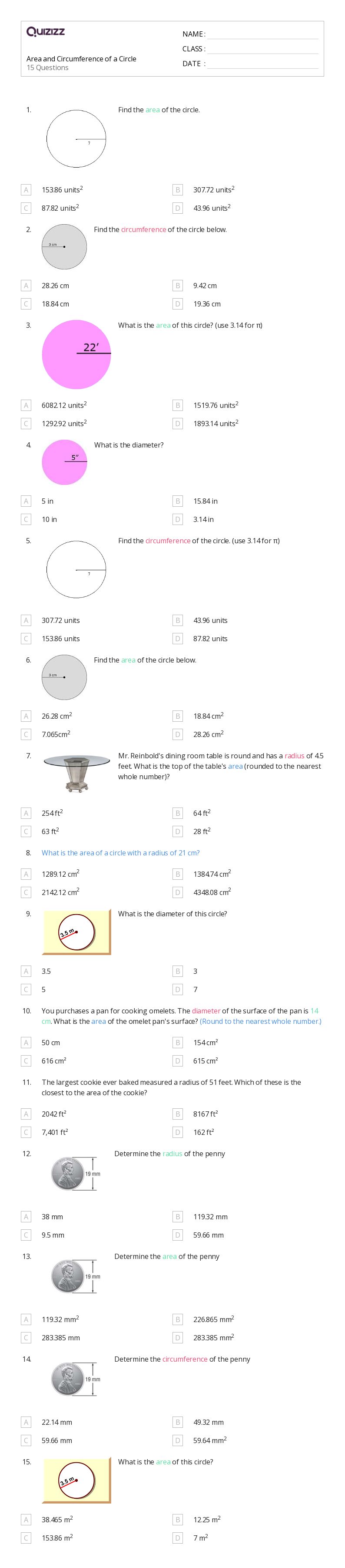 50+ Area and Circumference of a Circle worksheets on Quizizz Free