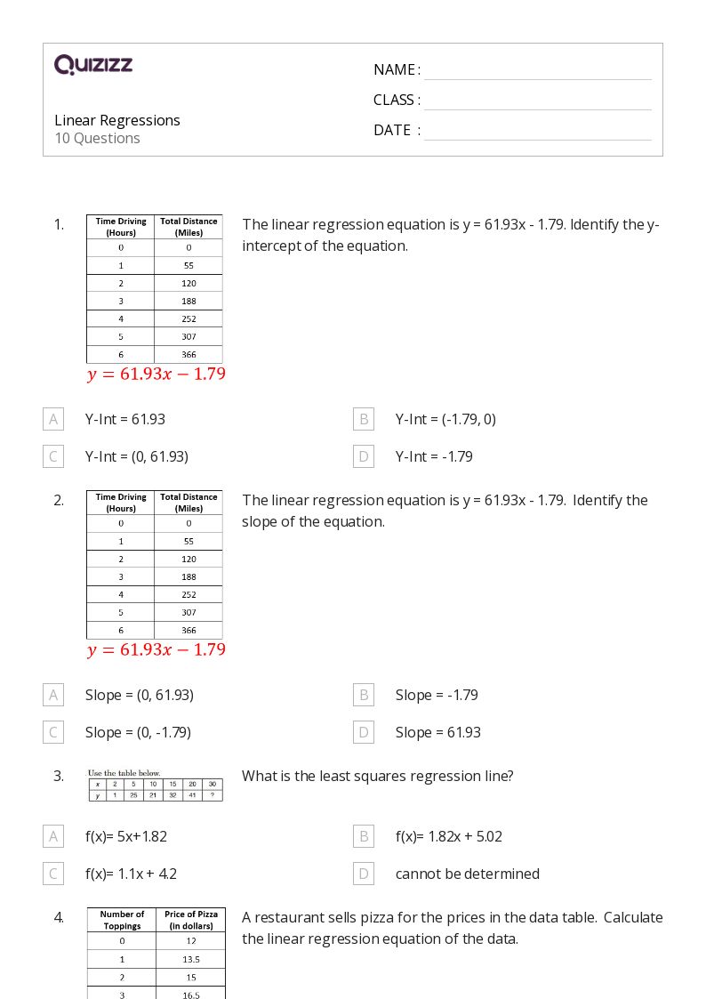 50+ regression worksheets for 11th Class on Quizizz Free & Printable