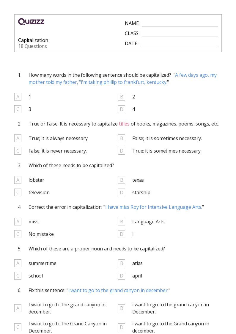 50+ Words Capitalization worksheets for 4th Grade on Quizizz Free & Printable