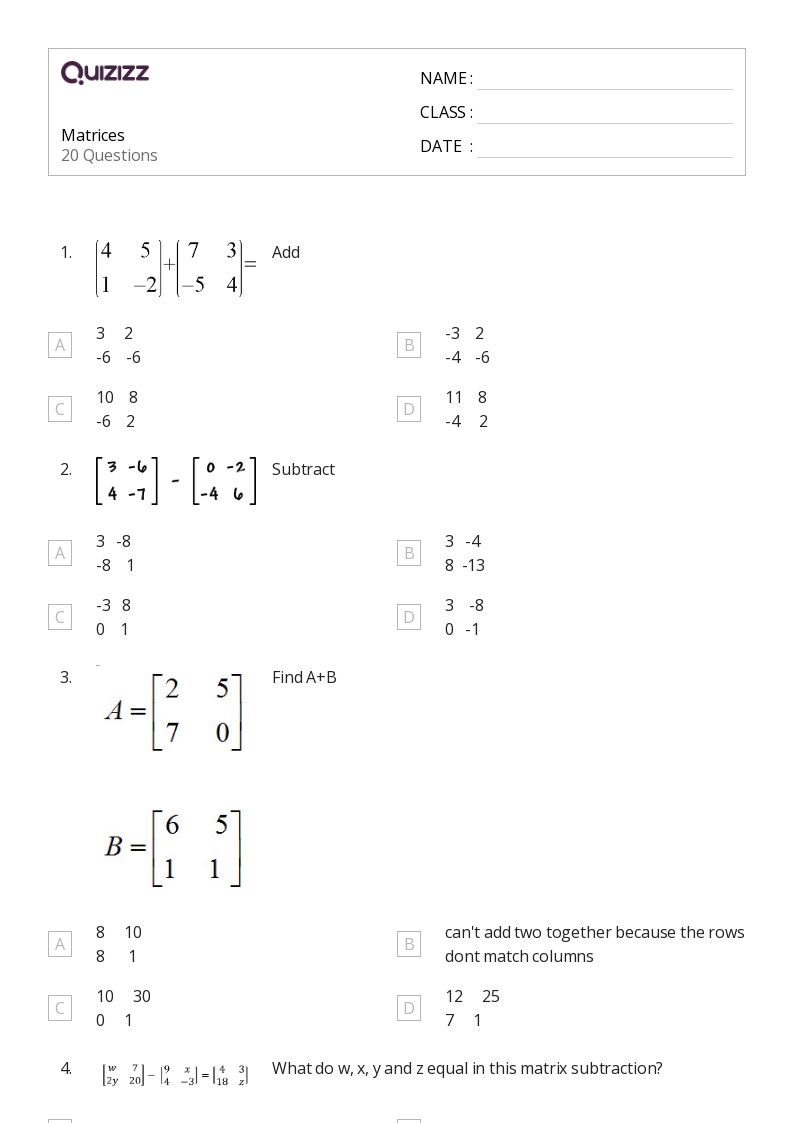 50+ Matrices worksheets on Quizizz | Free & Printable