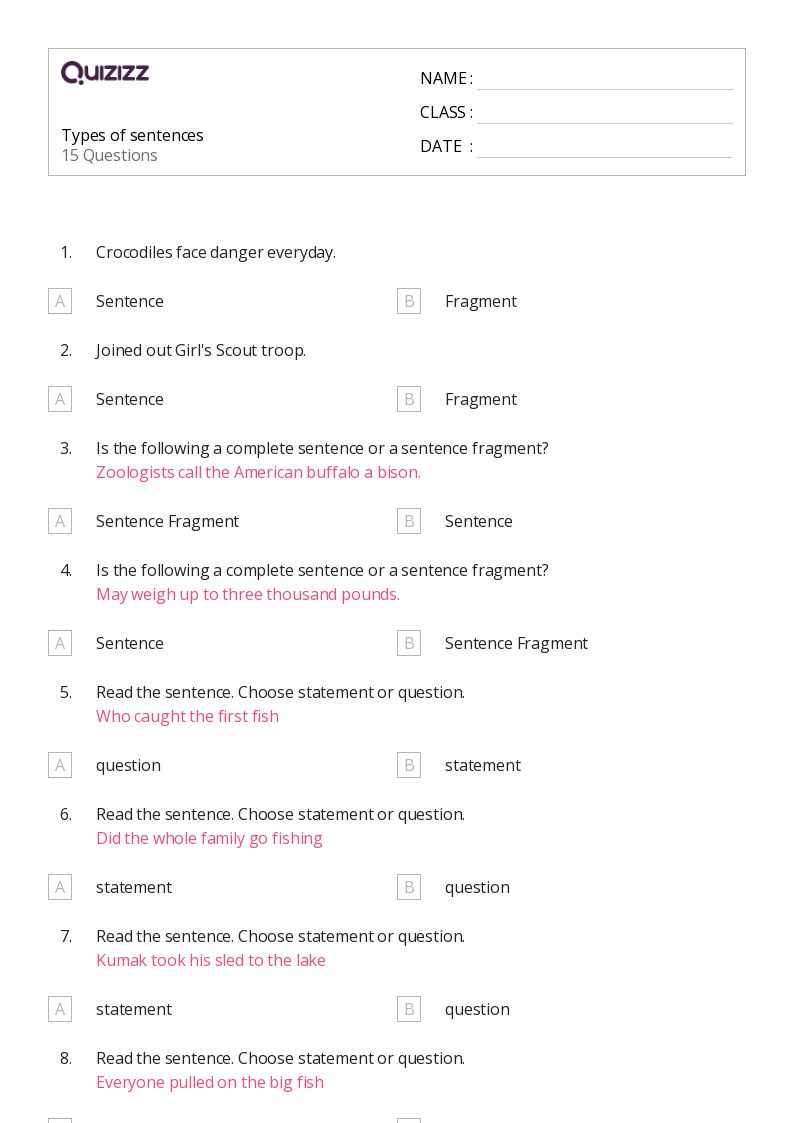 50+ Types of Sentences worksheets for 8th Grade on Quizizz Free & Printable