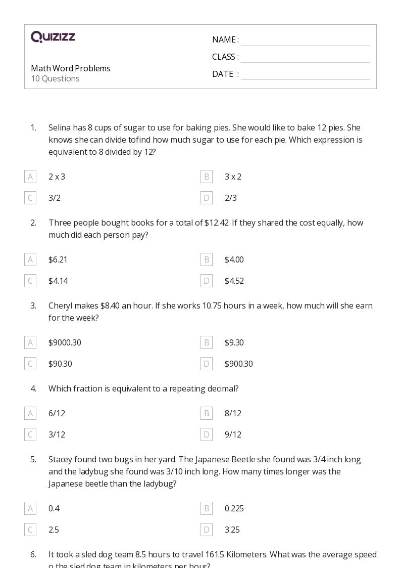 50+ Math Word Problems worksheets for 7th Grade on Quizizz Free & Printable