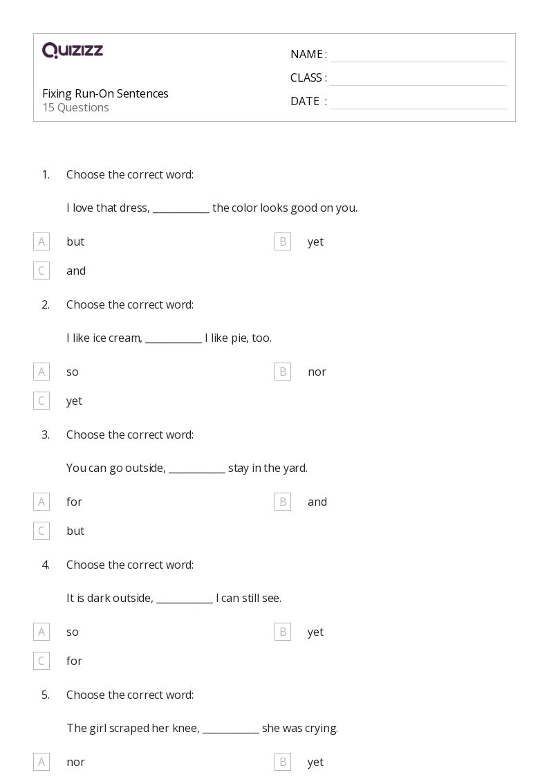 50+ Run On Sentences worksheets for 5th Year on Quizizz Free & Printable