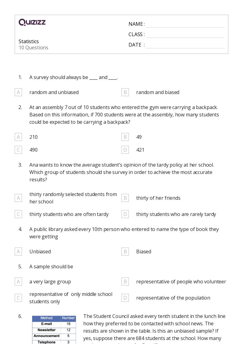 50+ Statistics worksheets for 7th Grade on Quizizz | Free & Printable