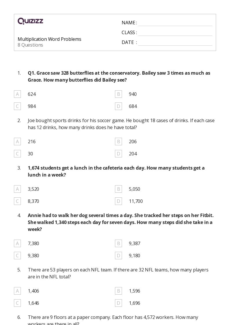 50+ Multiplication Word Problems worksheets for 5th Grade on Quizizz