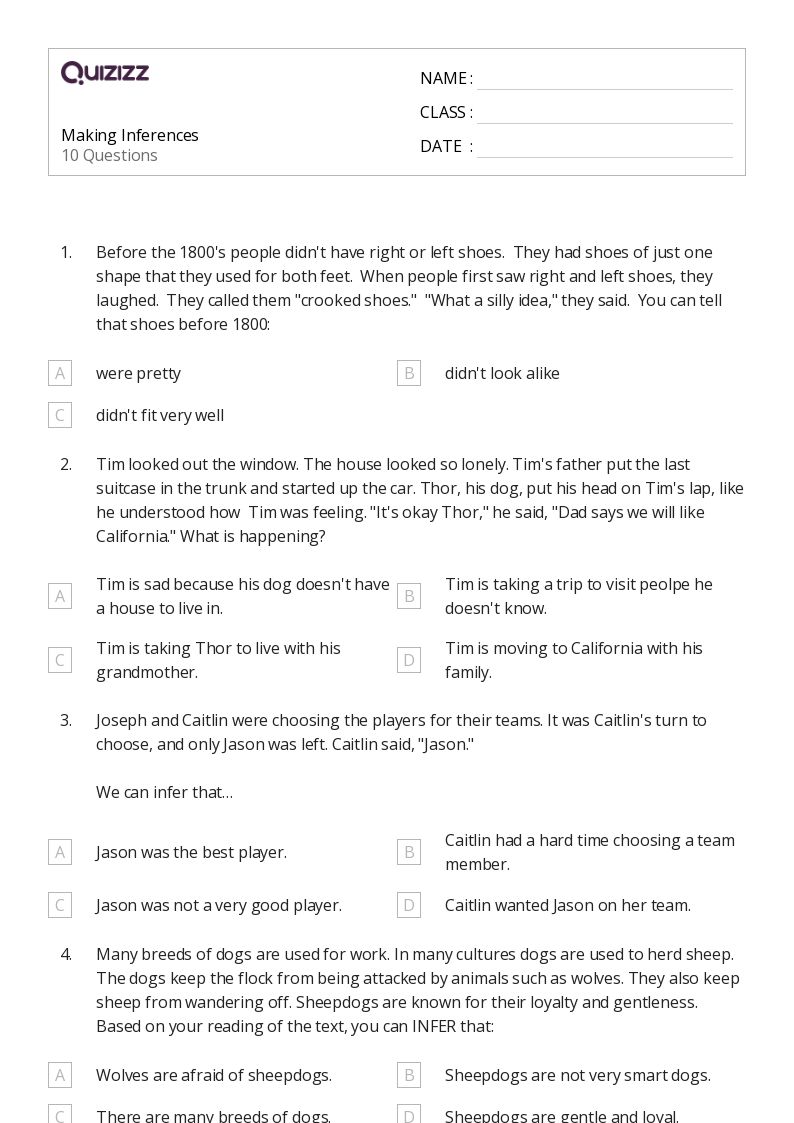 50+ Making Inferences worksheets for 3rd Grade on Quizizz Free