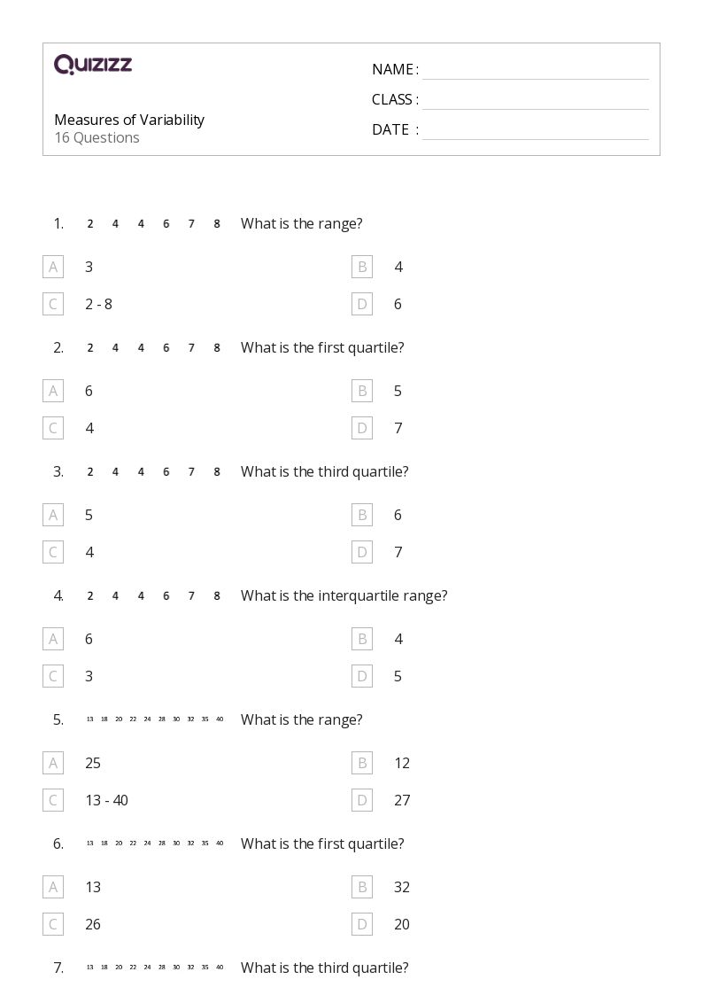50+ Measures of Variation worksheets for 6th Grade on Quizizz Free