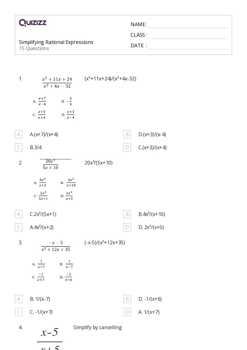 50+ Rational Expressions worksheets for 9th Grade on Quizizz Free & Printable