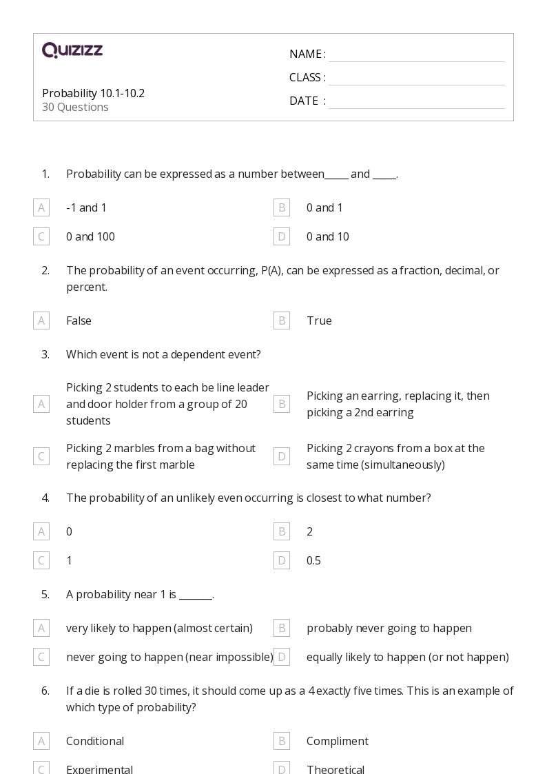 Printable experimental probability Worksheets | Quizizz