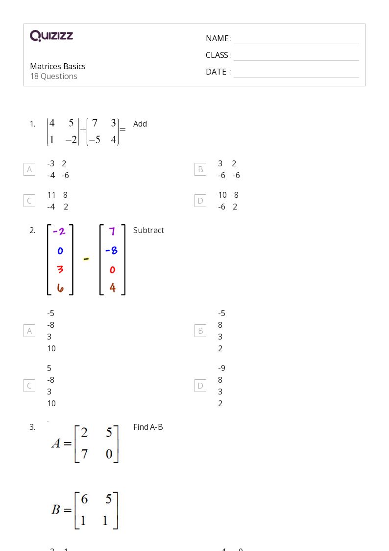 50+ Matrices worksheets on Quizizz Free & Printable