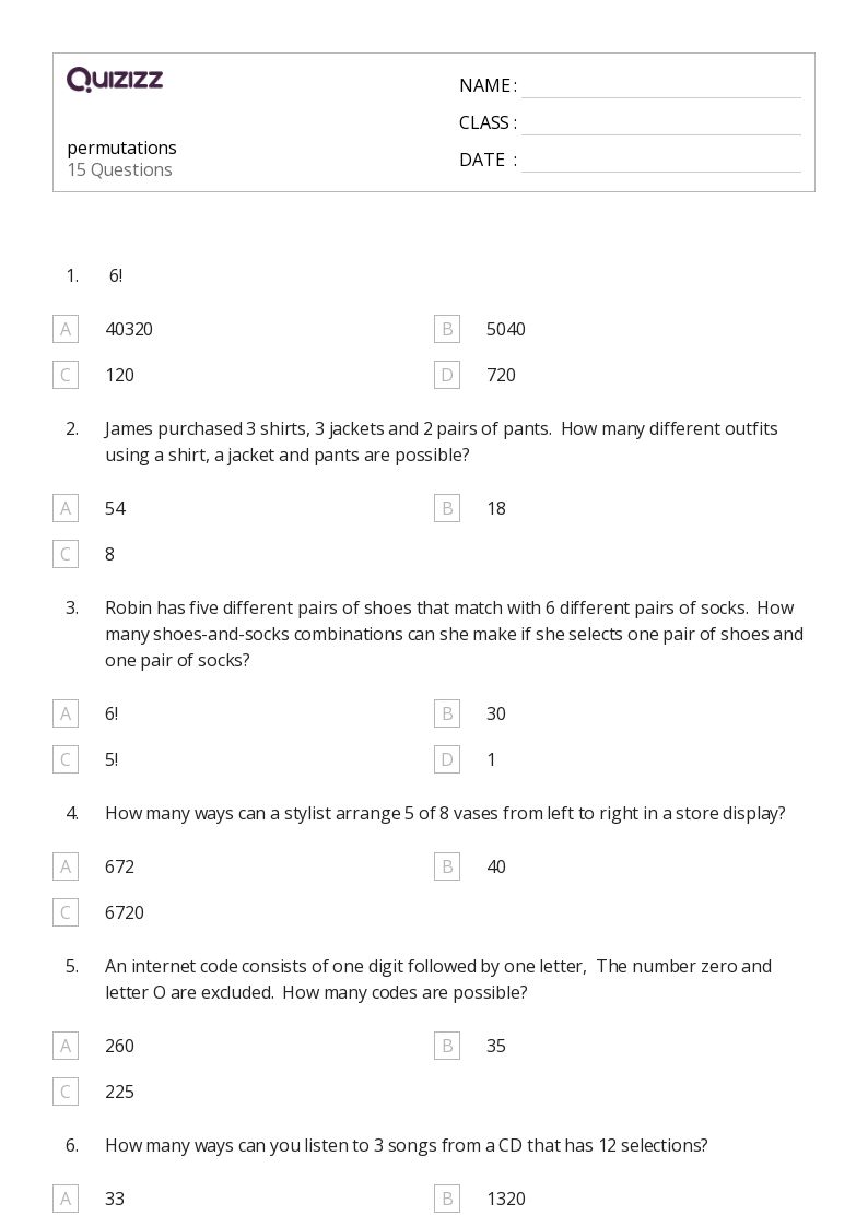 50+ permutations worksheets for 10th Grade on Quizizz Free & Printable