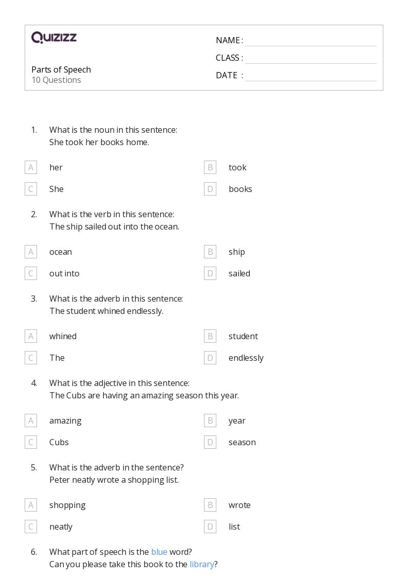 50+ Parts of Speech worksheets for 3rd Class on Quizizz Free & Printable