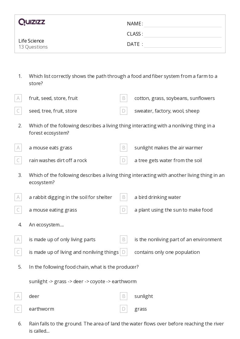 Printable Life Science Worksheets Quizizz
